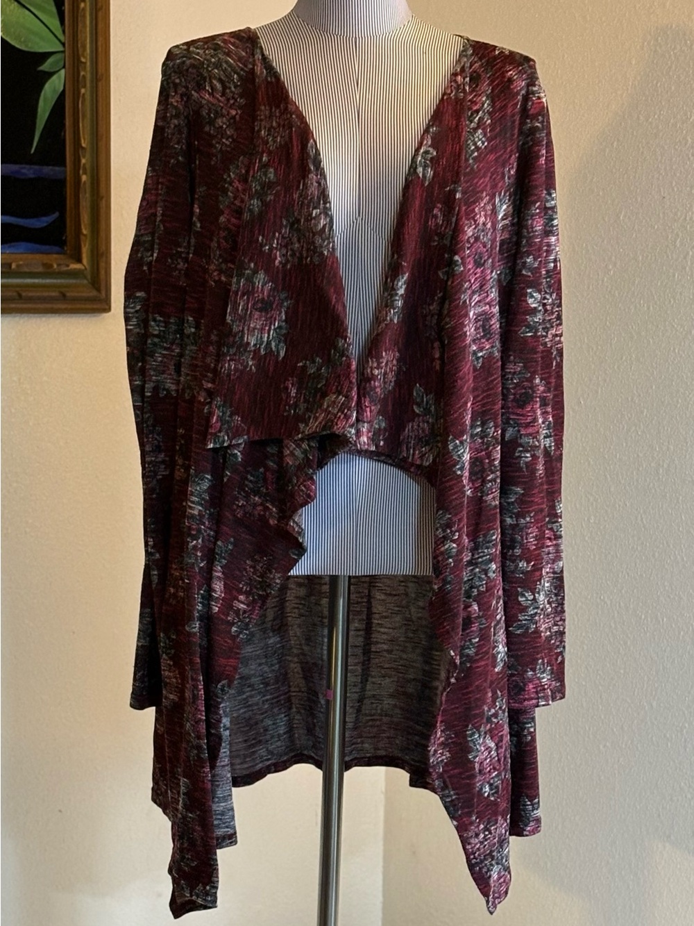 Floral Draped Open-Front Cardigan - Burgundy